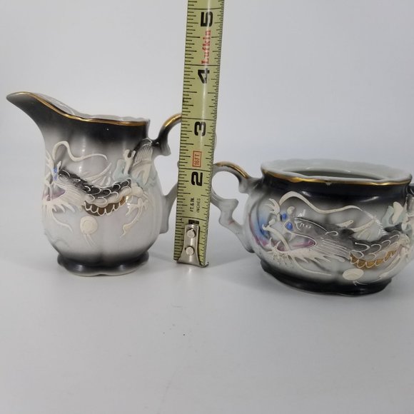 Dragon Ware Japanese Moriage Betsons Cream Sugar Bowl Set 2 With Lid Grey Blue - Picture 10 of 14